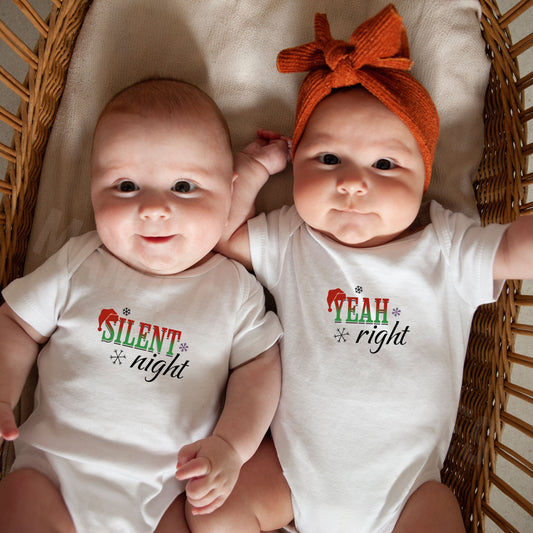 Silent Night, Yeah Right! Twin Christmas One-Piece Bodysuits