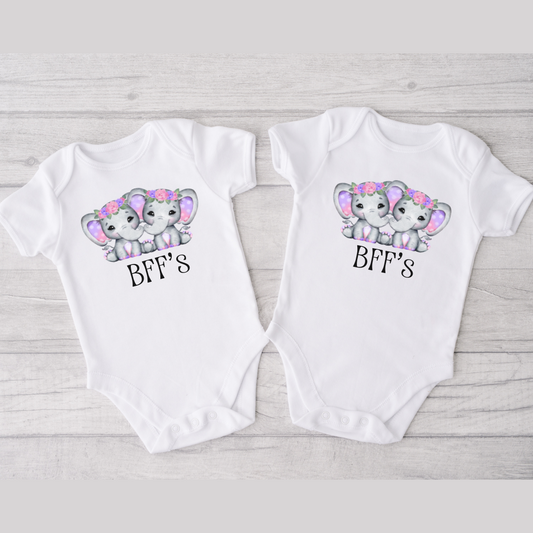 BFF Elephant Bodysuits for Twin Baby Girls