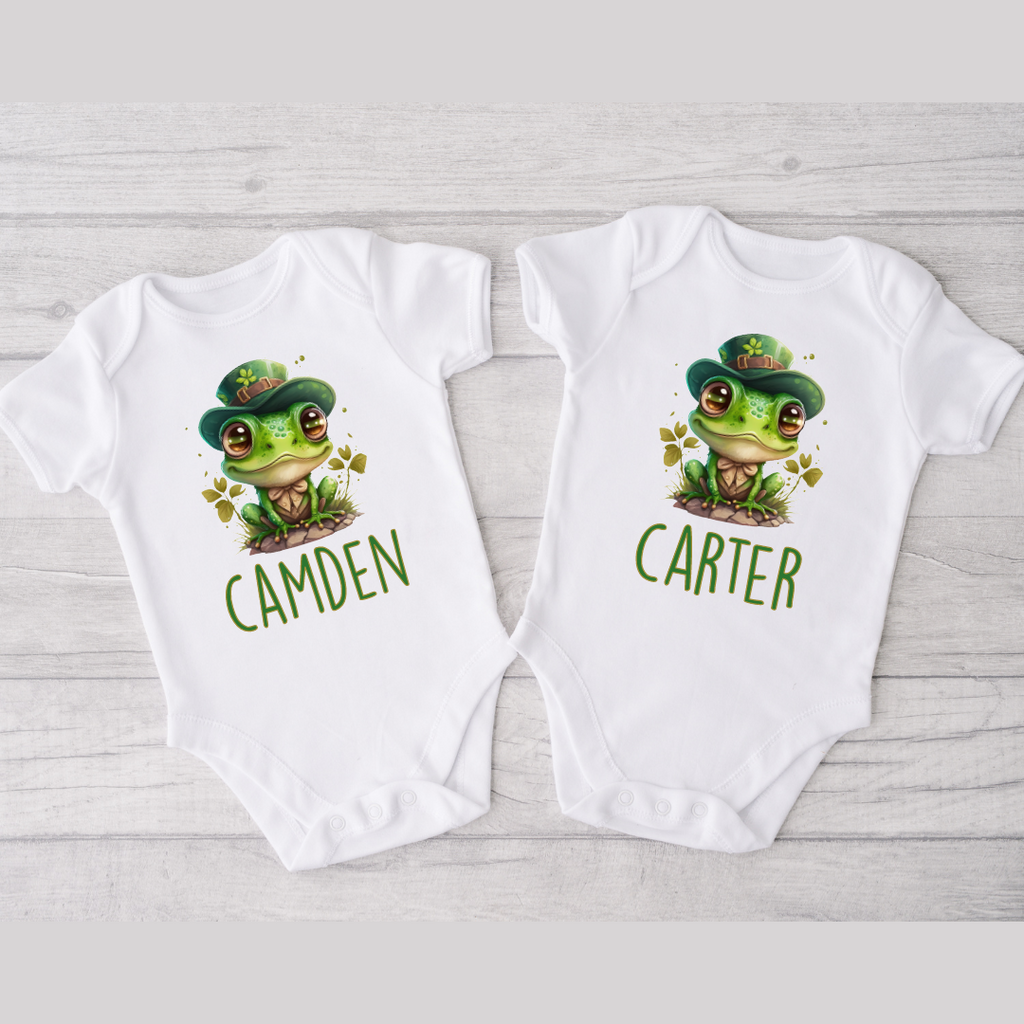 Matching St. Patrick's Day Froggy Bodysuits for Twin Boys