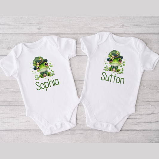 Personalized St. Patrick's Day Froggy Bodysuits for Twin Girls