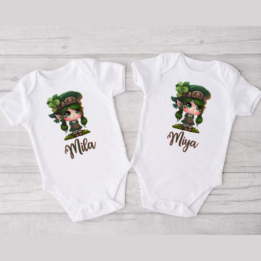 Personalized St. Patrick's Day Boho Leprechaun Bodysuits for Twin Girls