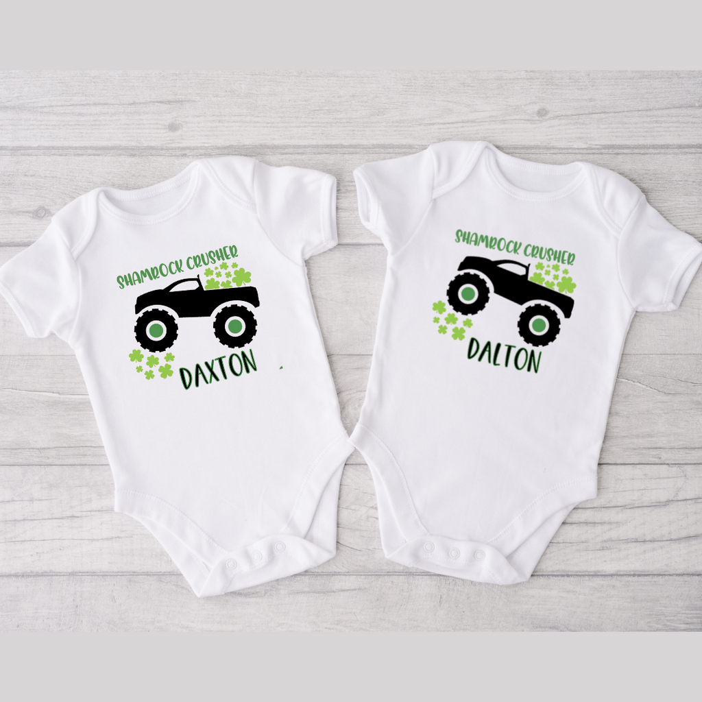 Personalized Shamrock Crusher Bodysuits for Twin Boys