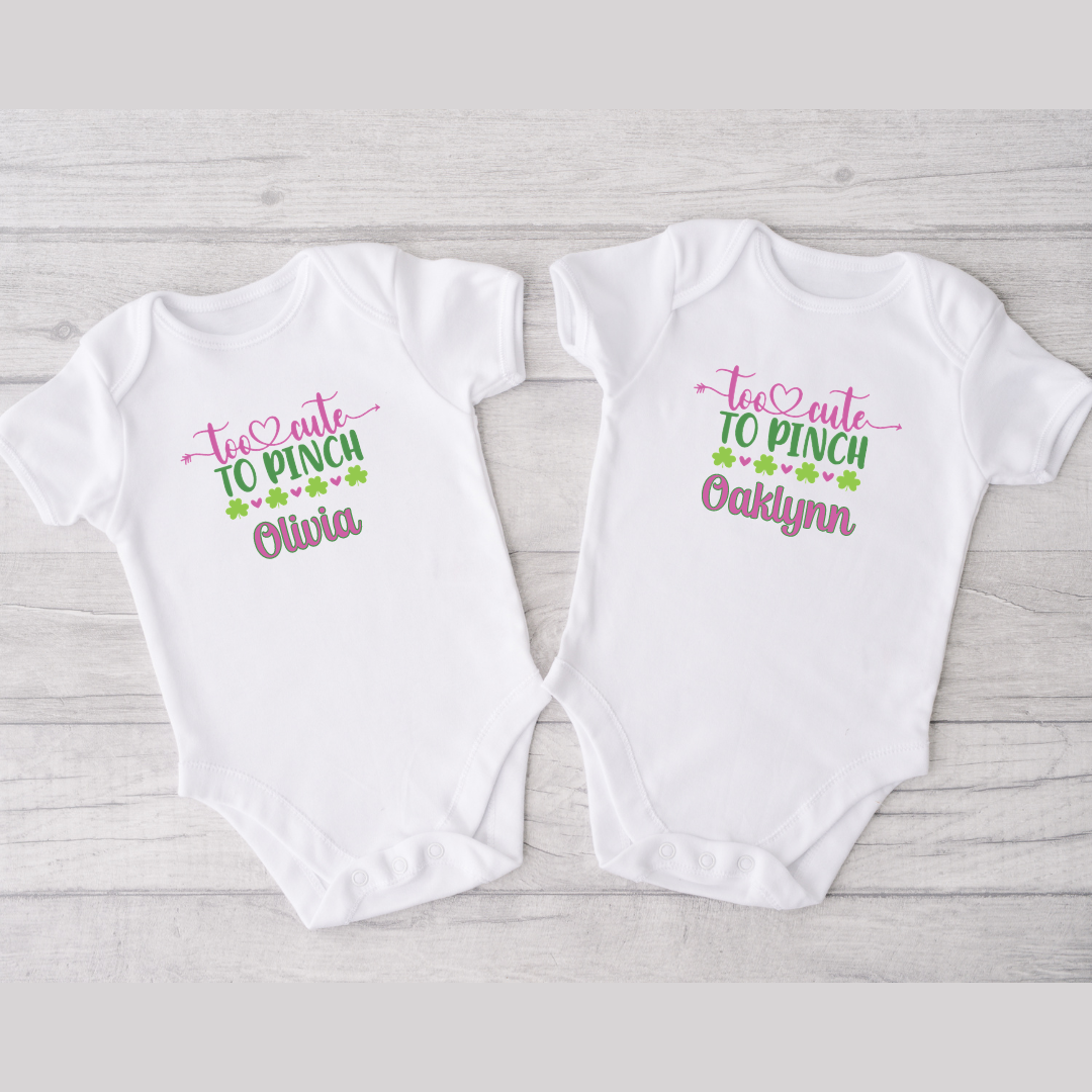 Personalized Too Cute to Pinch St. Patrick's Day Bodysuits for Twin Gi –  Mama of Multiples