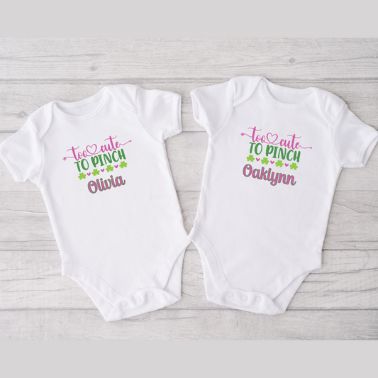 Personalized Too Cute to Pinch St. Patrick's Day Bodysuits for Twin Girls