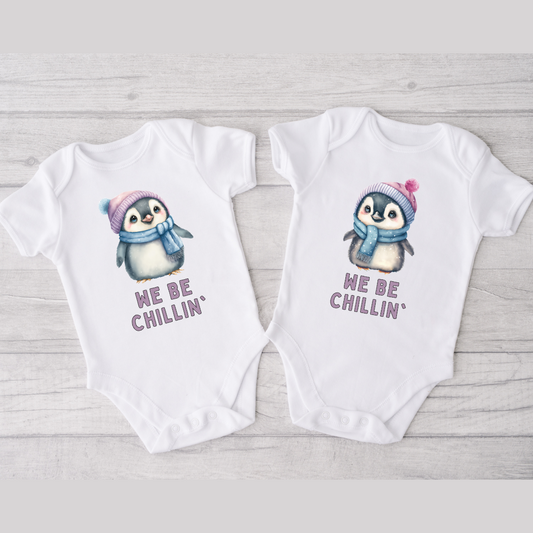 We Be Chillin' Penguin Twin Baby Girl Bodysuits